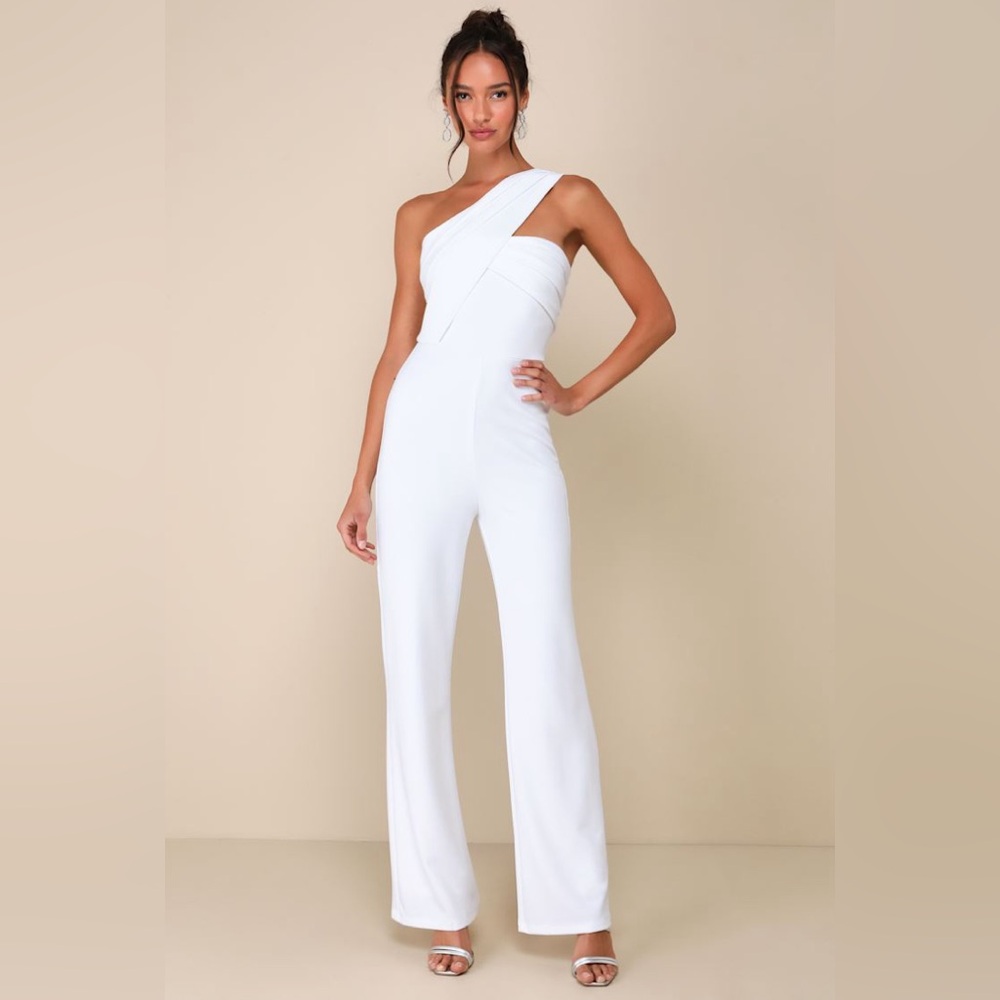 Lulus-Devoted to Fun Ivory One-Shoulder Sleeveless Jumpsuit (Large)